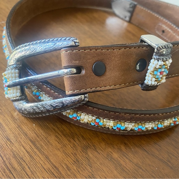 Women’s Tony Lama Beaded Leather Belt Blue Brown Size 30 - Picture 3 of 13
